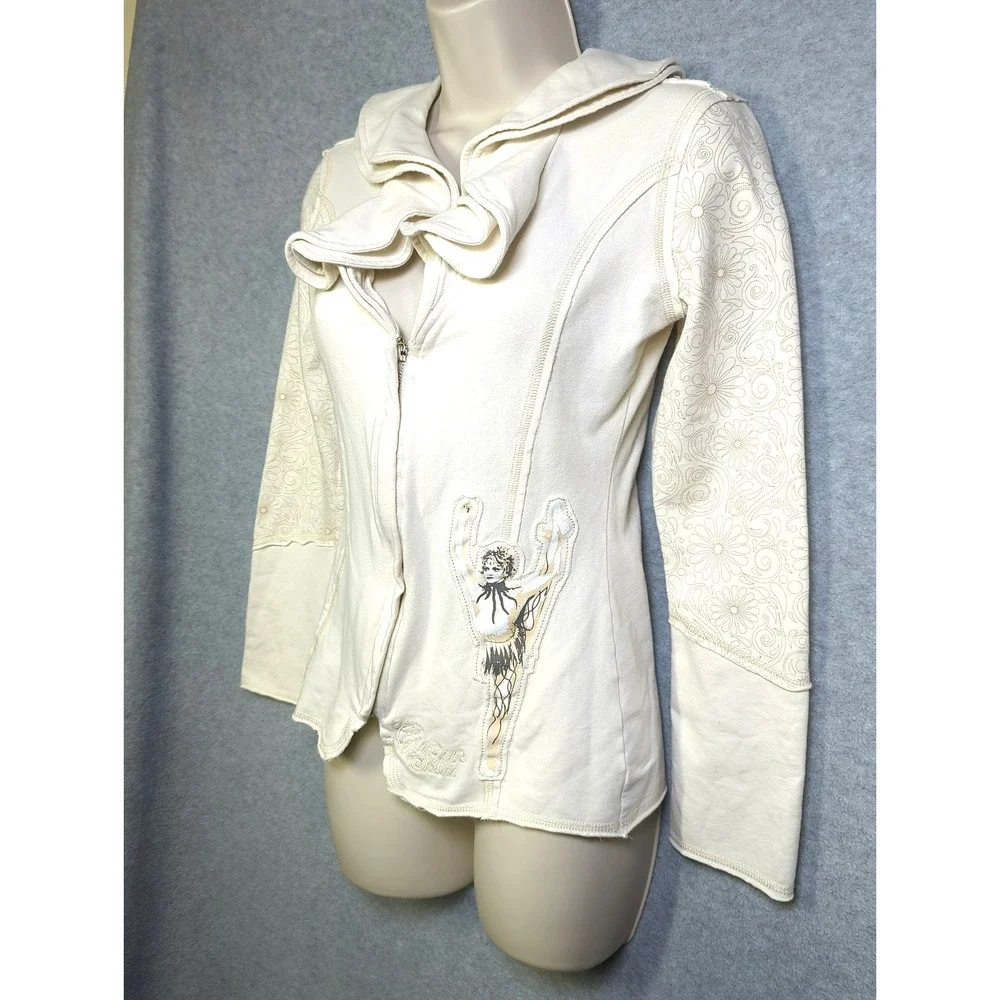 CIRQUE DU SOLEIL Jacket Women XS Front Zip Lg Sleeve Cream Boho Chic  Festival